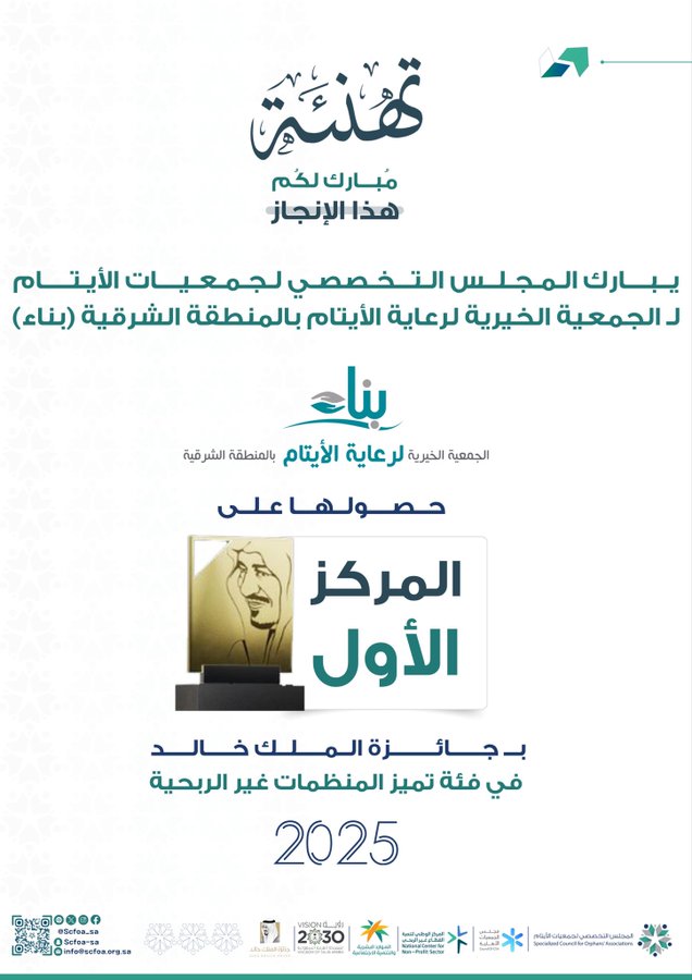تهنئة المجلس التخصصي لجمعيات الأيتام لجمعية (بناء) حصولها على المركز الأول بجائزة الملك خالد في فئة تميز المنظمات غير الربحية 2025