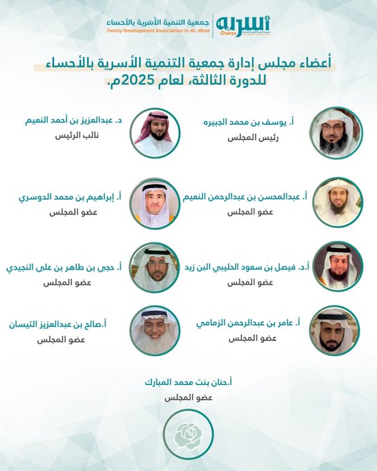 تهنئة جمعية التنمية الأسرية بالأحساء (أسرية) لأعضاء مجلسها الجديد