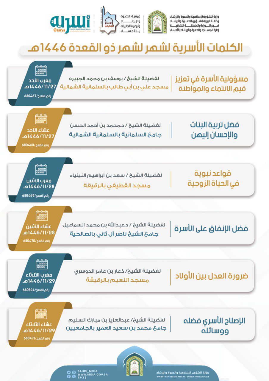 الكلمات الأسرية لشهر ذي القعدة 1446هـ