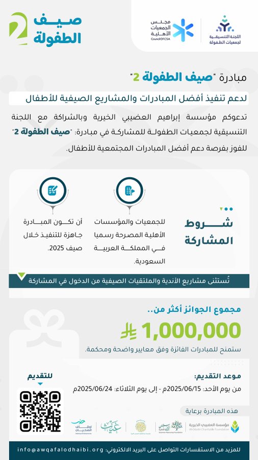 دعوة للجمعيات والمؤسسات الأهلية في المملكة للمشاركة في مبادرة "صيف الطفولة2" للفوز بفرصة دعم أفضل المبادرات المجتمعية للأطفال