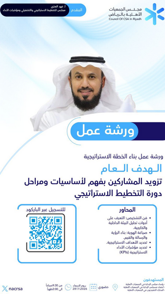 يسر مجلس الجمعيات الأهلية بمنطقة الرياض دعوتكم لحضور ورشة عمل حضورية بعنوان: بناء الخطة الاستراتيجية