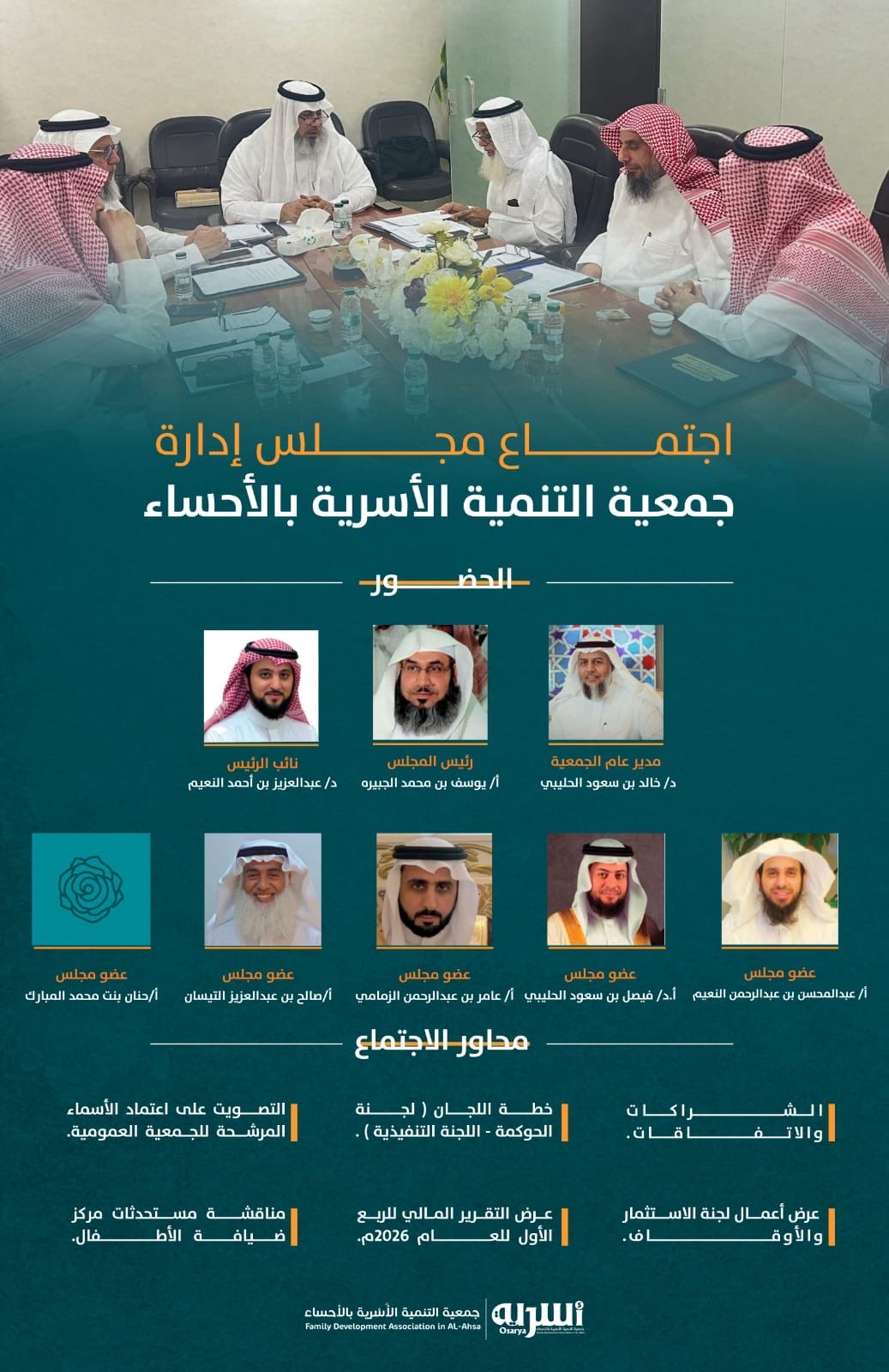 عقد مجلس إدارة جمعية التنمية الأسرية بالأحساء، بحضور رئيس المجلس أ/ يوسف بن محمد الجبيره، وأعضاء مجلس الإدارة